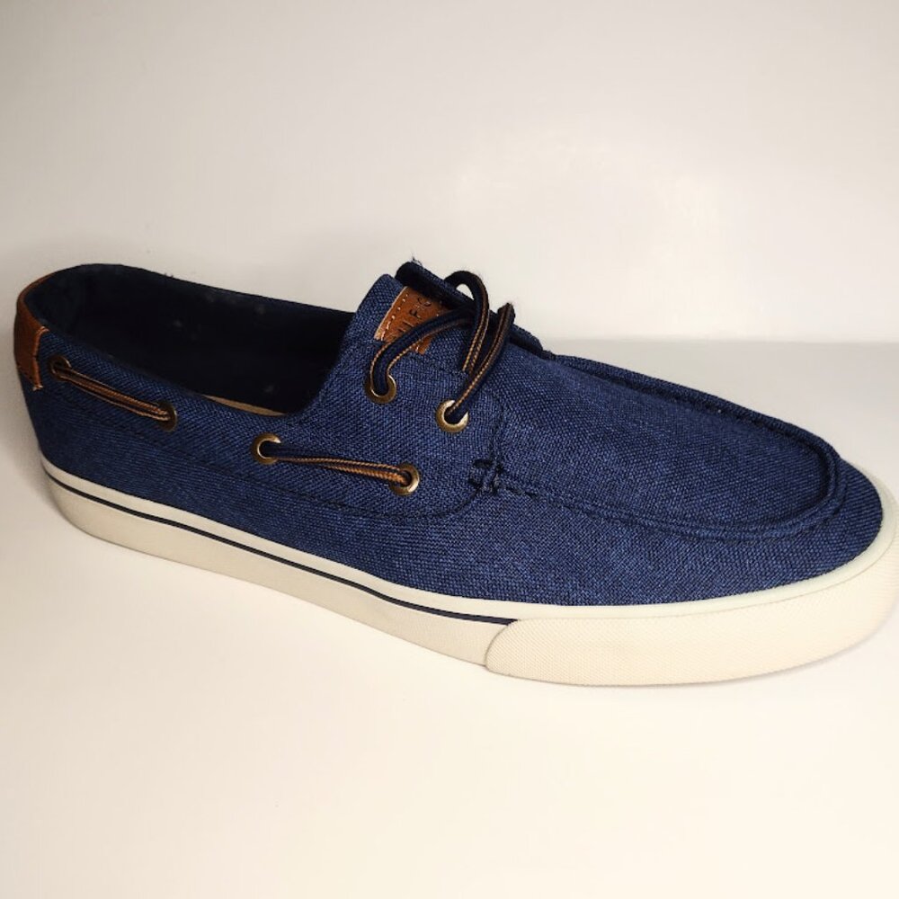 TOMMY HILFIGER Men's Dark Blue Texture Canvas Fabric Boat Deck Shoes - Picture 1 of 5